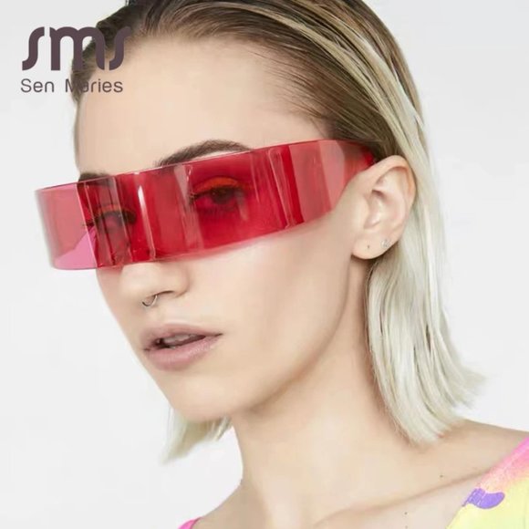 Red Futuristic Wrap Around Cyclops Festival Unisex Sunglasses Cyber Superhero - Picture 4 of 10